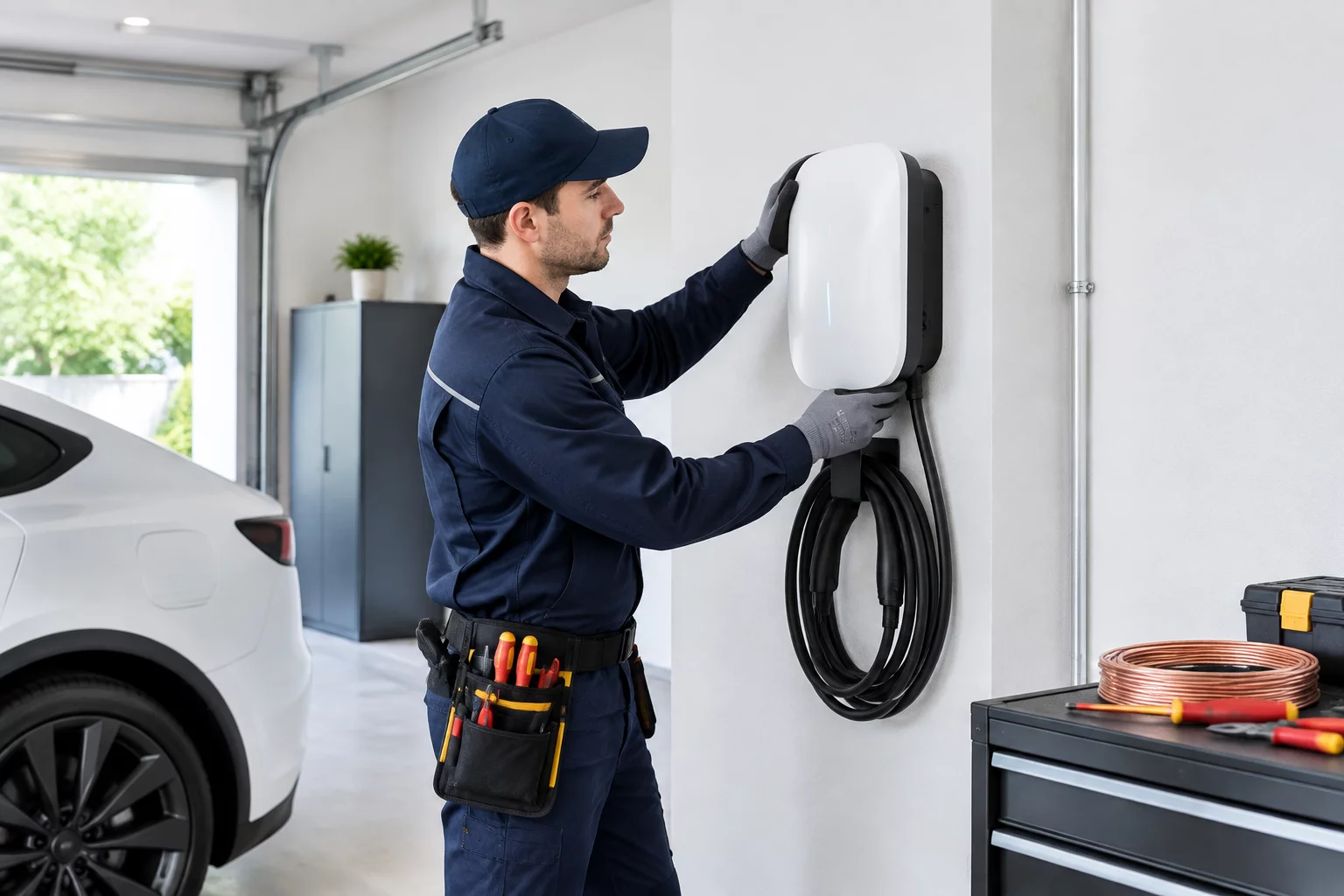 Certified electrical engineers installing residential EV charging equipment